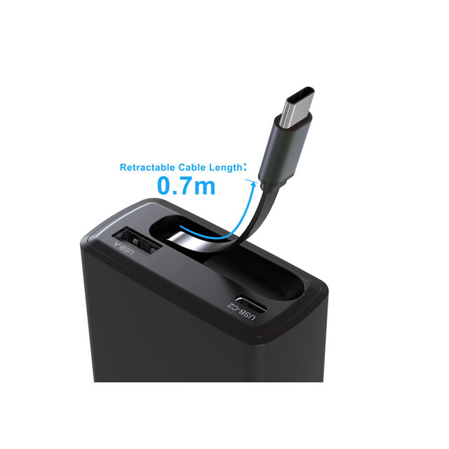 Cargador de pared USB-C PD / GaN de 65W con 1 juego de cable USB-C retráctil + puerto USB-C/USB-A