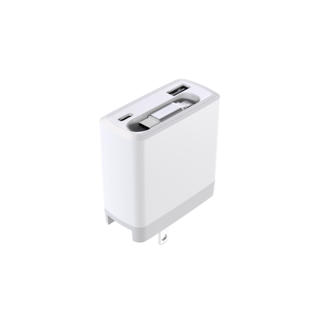 Cargador de pared USB-C PD / GaN de 65W con 1 juego de cable USB-C retráctil + puerto USB-C/USB-A