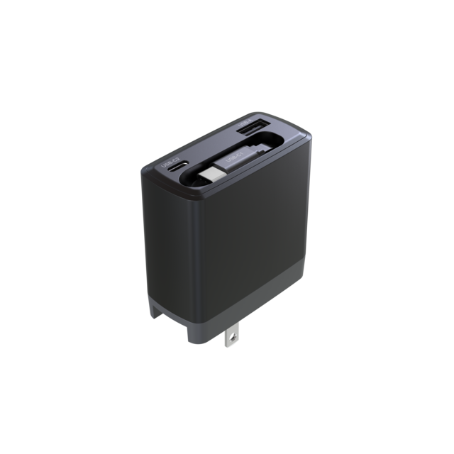 Cargador de pared USB-C PD / GaN de 65W con 1 juego de cable USB-C retráctil + puerto USB-C/USB-A