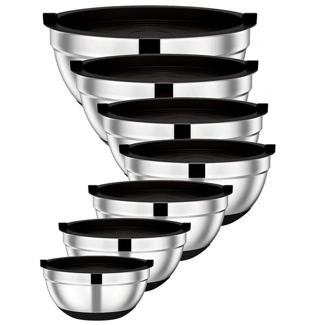 Nova Tigela de Salada com Fundo de Silicone e Tampa, Conjunto de Tigelas para Cozinhar e Assar, Tigela Multiusos de Aço Inoxidável para Bater Ovos