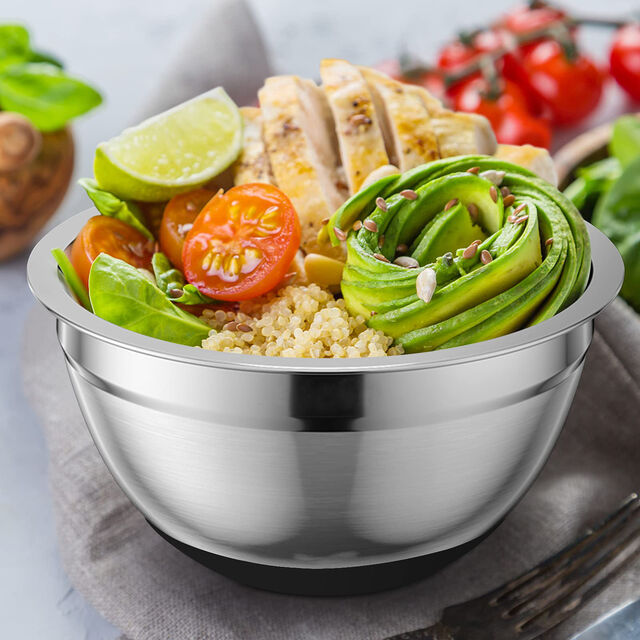 Nova Tigela de Salada com Fundo de Silicone e Tampa, Conjunto de Tigelas para Cozinhar e Assar, Tigela Multiusos de Aço Inoxidável para Bater Ovos