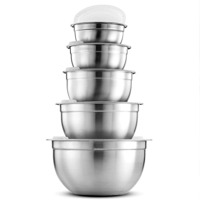Nova Tigela de Salada com Fundo de Silicone e Tampa, Conjunto de Tigelas para Cozinhar e Assar, Tigela Multiusos de Aço Inoxidável para Bater Ovos