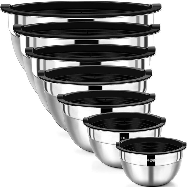 Nova Tigela de Salada com Fundo de Silicone e Tampa, Conjunto de Tigelas para Cozinhar e Assar, Tigela Multiusos de Aço Inoxidável para Bater Ovos