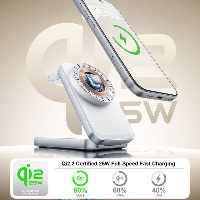 Carregador sem fio Qi2.2 de 25 Watts Recém-Lançado para Celular 3-em-1, Bom para Carregamento Rápido em Casa