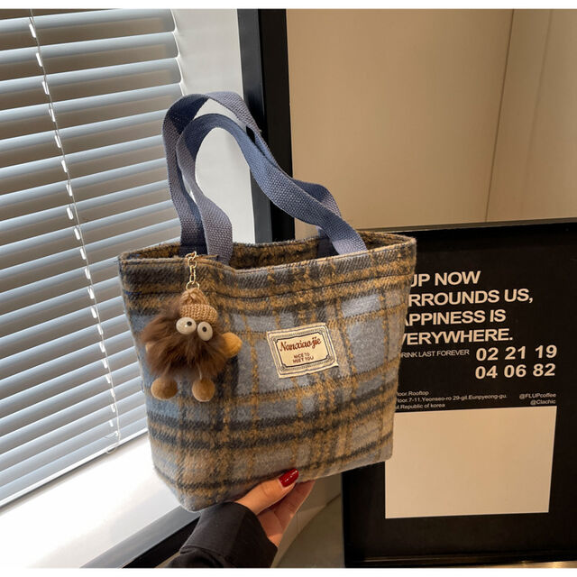 Bolsa xadrez de grande capacidade, bolsa de ombro de lã outono/inverno