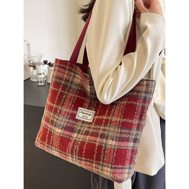Bolsa xadrez de grande capacidade, bolsa de ombro de lã outono/inverno