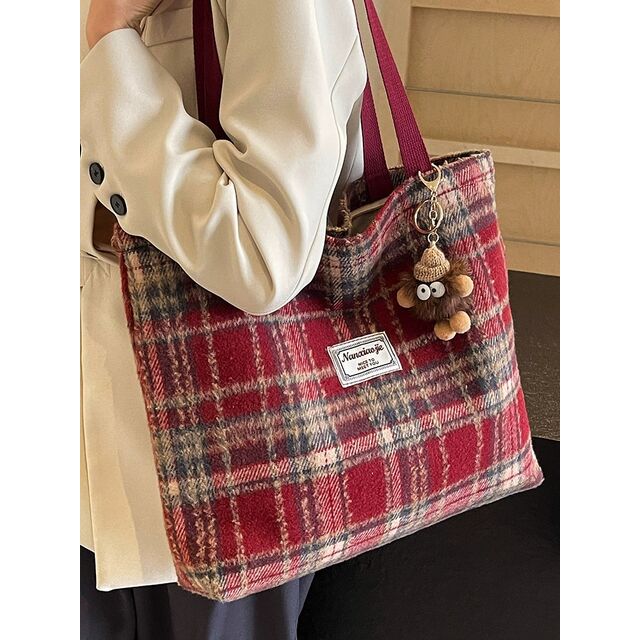 Bolsa xadrez de grande capacidade, bolsa de ombro de lã outono/inverno
