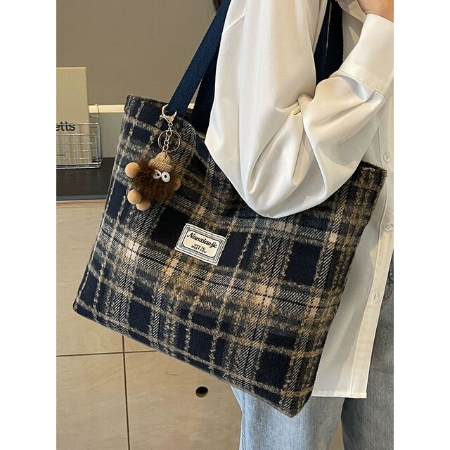 Bolsa xadrez de grande capacidade, bolsa de ombro de lã outono/inverno
