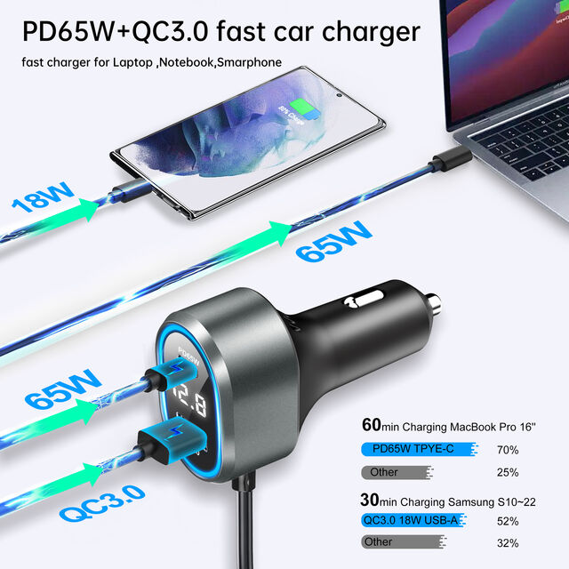 Adaptateur Allume-Cigare de Voiture 12V/24V Quick Charge 3.0 avec 2 Ports Type-C + 1 Port USB Chargeur Rapide Universel