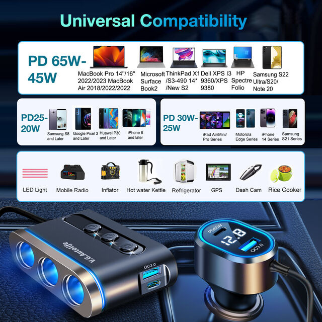 Adaptateur Allume-Cigare de Voiture 12V/24V Quick Charge 3.0 avec 2 Ports Type-C + 1 Port USB Chargeur Rapide Universel