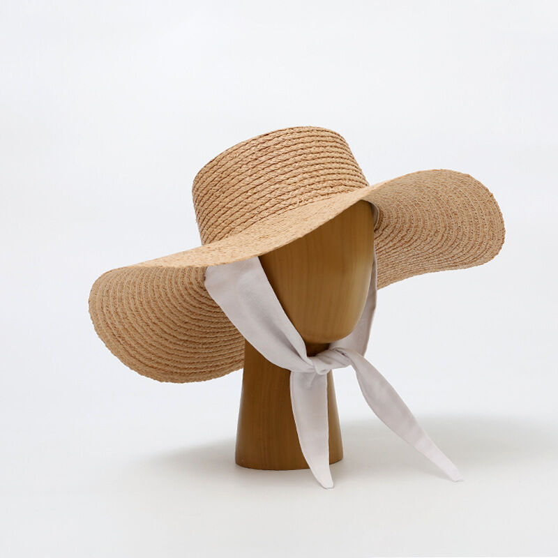 Raffia Woven Straw Hat With Tie | Wide Brim Flat Top Sun Hat 
