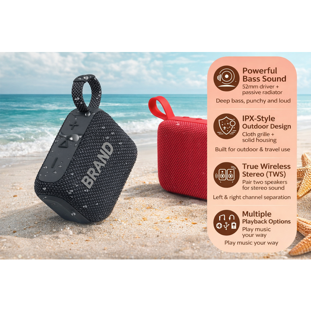 Deep Bass Bluetooth 5.3 Speaker with 8W Amplifier, 1200mAh Battery, AUX/TF Card Playback and TWS for Computer