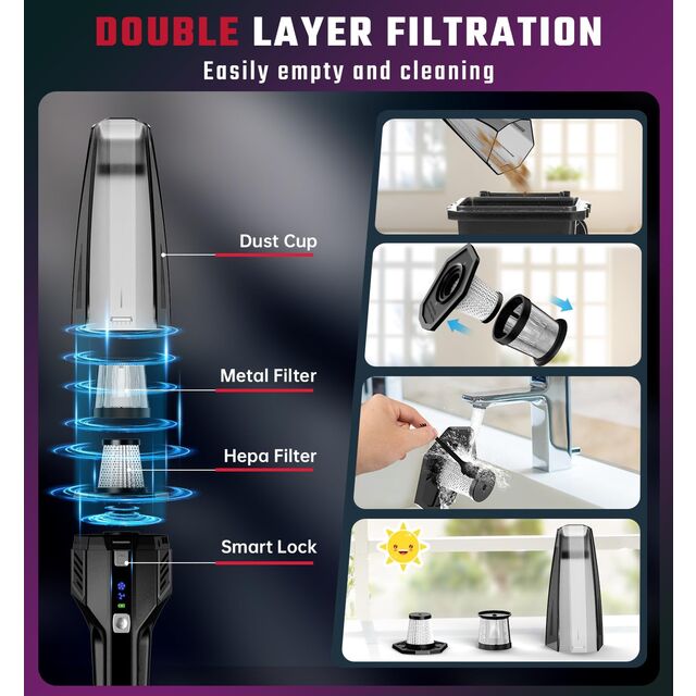 Tragbarer Handstaubsauger mit 11,1V Lithium-Akku, 2-Stufiger Saugkraft, 630ml Staubbehälter, HEPA-Edelstahlfilter