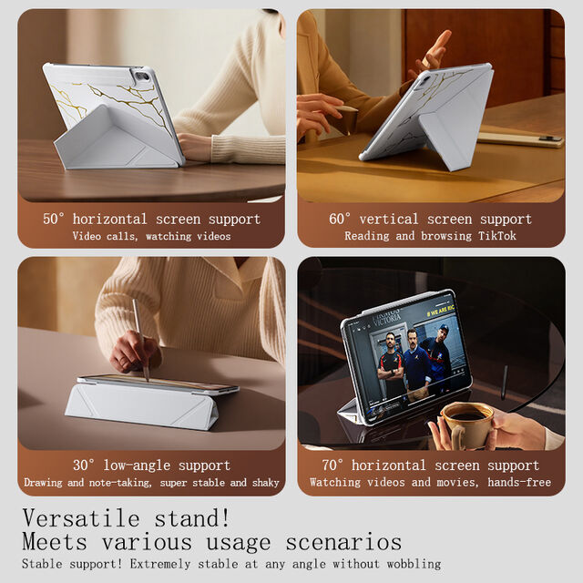 Étui de Tablette en Cuir Multi-Plis Ultra-Fin Plaqué Or pour iPad Pro 12.9 3/4/5/6ème Génération avec Boucle, Étui de Luxe Pliable Multi-Angle