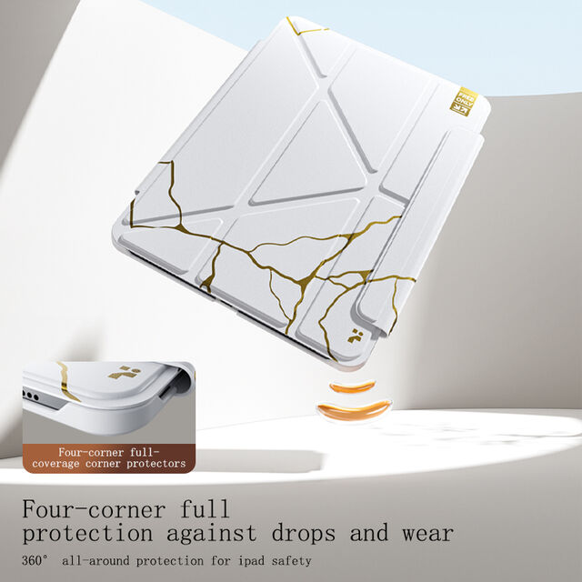 Étui de Tablette en Cuir Multi-Plis Ultra-Fin Plaqué Or pour iPad Pro 12.9 3/4/5/6ème Génération avec Boucle, Étui de Luxe Pliable Multi-Angle
