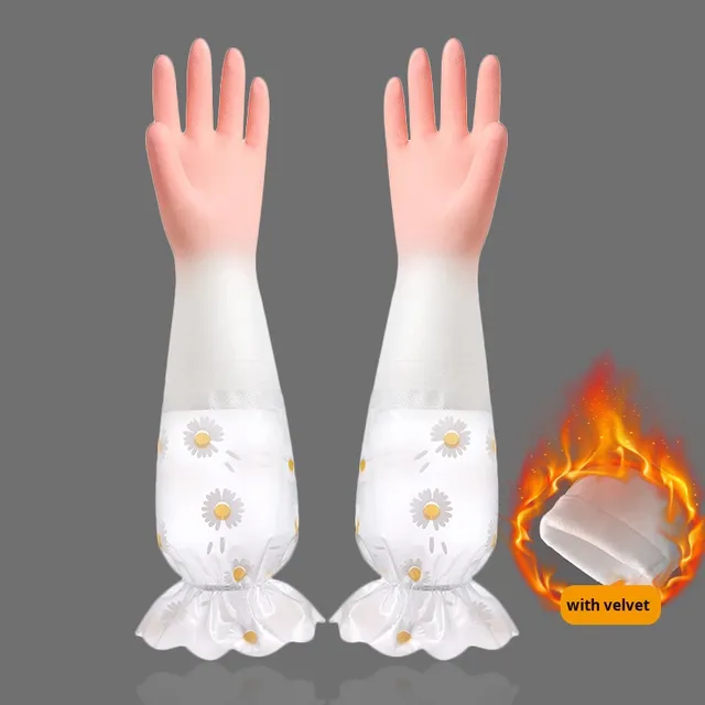 Sarung Tangan Musim Dingin Wanita untuk Keperluan Rumah Tangga, Lapisan Bulu Domba, Panjang, Karet untuk Mencuci Piring, Tahan Air, PVC, Manset Elastis, Sarung Tangan Dapur Awet