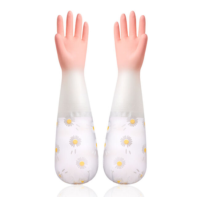 Sarung Tangan Musim Dingin Wanita untuk Keperluan Rumah Tangga, Lapisan Bulu Domba, Panjang, Karet untuk Mencuci Piring, Tahan Air, PVC, Manset Elastis, Sarung Tangan Dapur Awet