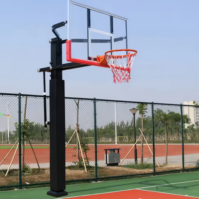Cesta de Basquetebol de Enterrar com Altura Ajustável, Tabela de Vidro Temperado e Suporte de Tubo Quadrado para Espaços Desportivos
