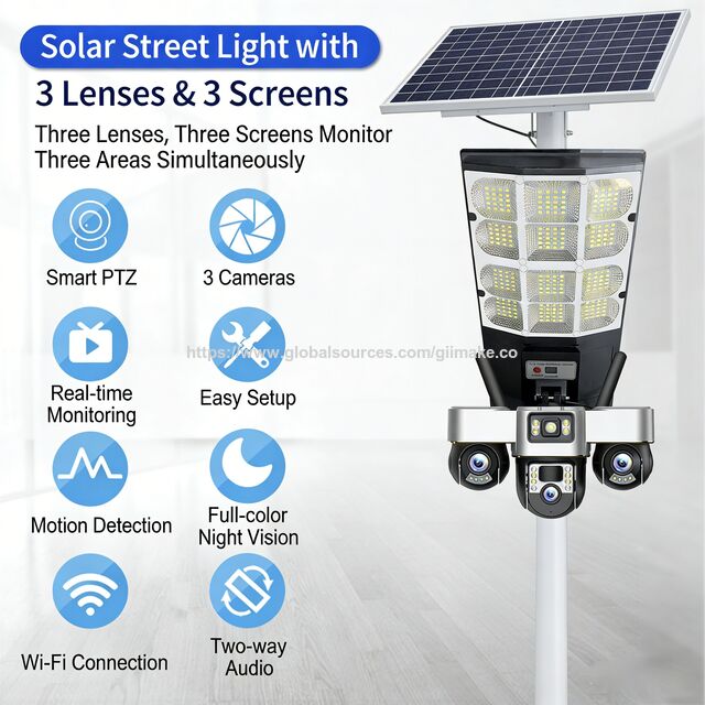 Caméra Solaire PTZ Projecteur 3 Lentilles 6MP avec Carte SIM, Stockage Carte Mémoire et Cloud, P2P, App Mobile V380 Pro, Extérieur