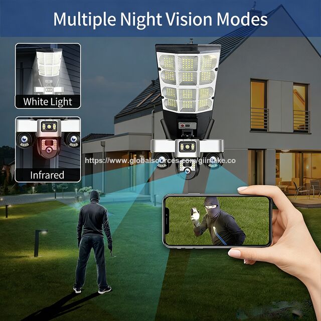 Caméra Solaire PTZ Projecteur 3 Lentilles 6MP avec Carte SIM, Stockage Carte Mémoire et Cloud, P2P, App Mobile V380 Pro, Extérieur
