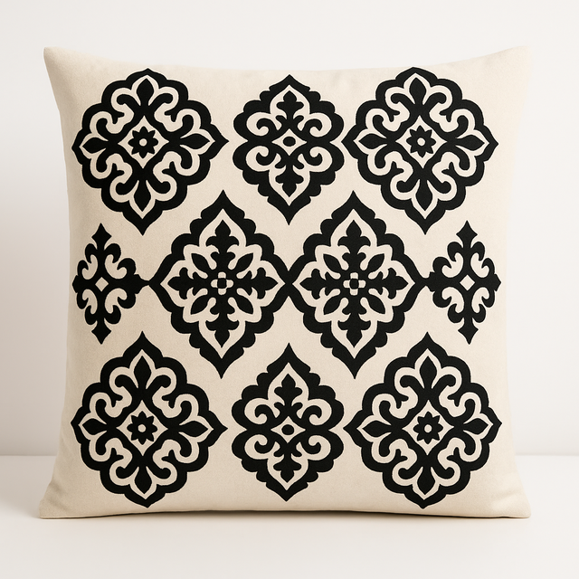 Funda de Cojín Bordada / Estampada Geométrica Negra y Crema - Cojín Moderno Estilo Bohemio Tribal (Calidad Exportación)