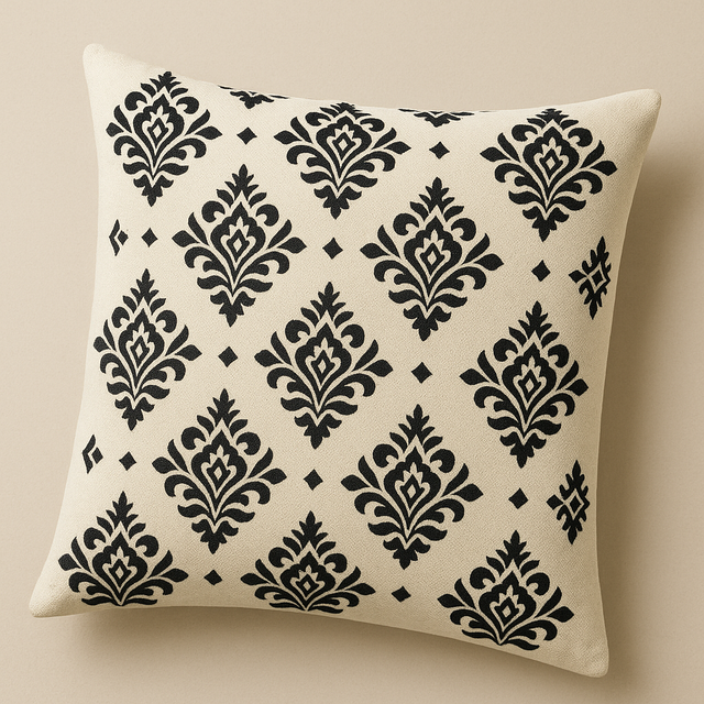 Funda de Cojín Bordada / Estampada Geométrica Negra y Crema - Cojín Moderno Estilo Bohemio Tribal (Calidad Exportación)