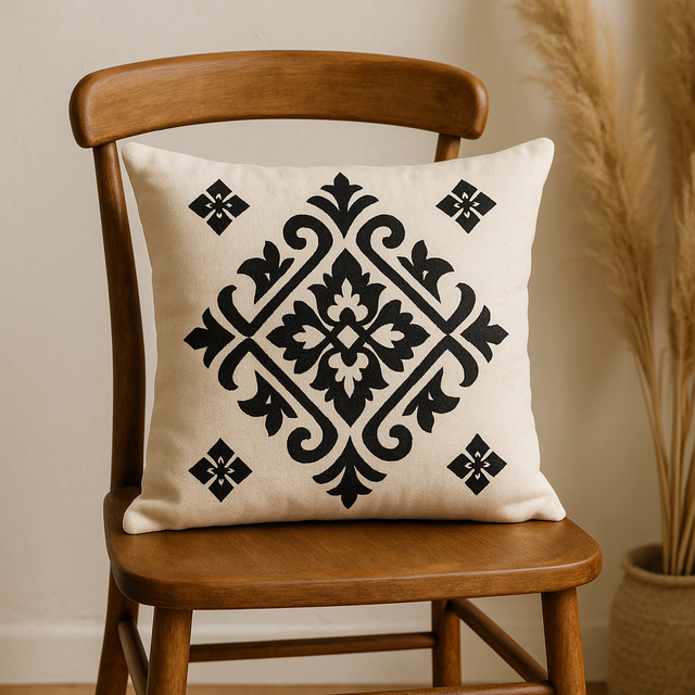 Funda de Cojín Bordada / Estampada Geométrica Negra y Crema - Cojín Moderno Estilo Bohemio Tribal (Calidad Exportación)