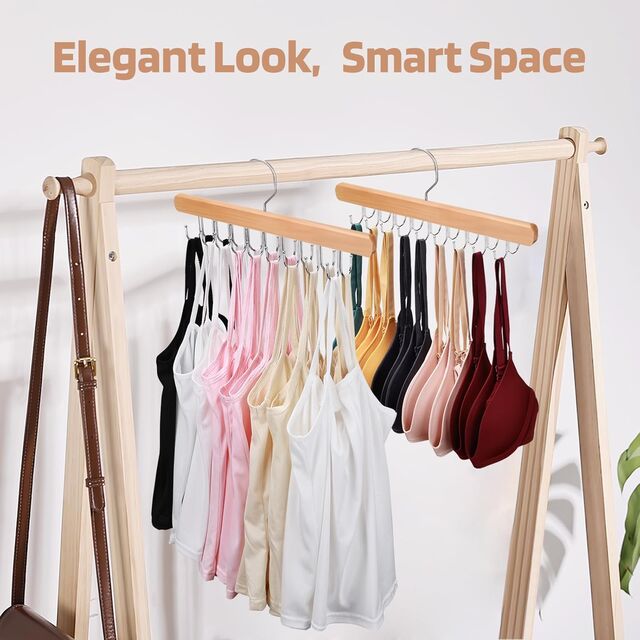 2er Pack BH-Kleiderbügel aus Holz mit 36 klappbaren Haken, drehbarer Schrankorganizer für Tanktops, BHs, Schals