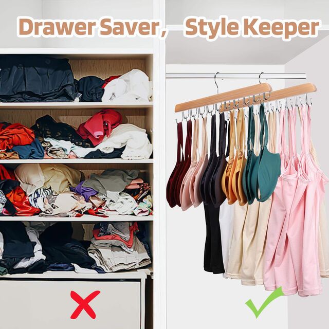 2er Pack BH-Kleiderbügel aus Holz mit 36 klappbaren Haken, drehbarer Schrankorganizer für Tanktops, BHs, Schals