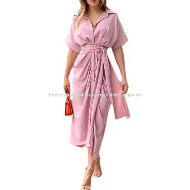 Vestido Camisero de Mujer, Nuevo Estilo, Solapa, Manga Corta, Abotonadura Sencilla, Cintura Alta - Moda Femenina al por mayor