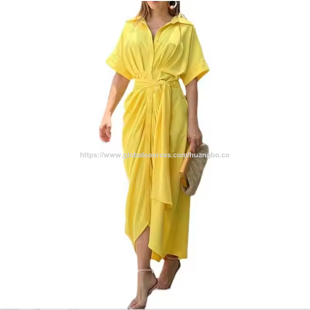 Vestido Camisero de Mujer, Nuevo Estilo, Solapa, Manga Corta, Abotonadura Sencilla, Cintura Alta - Moda Femenina al por mayor