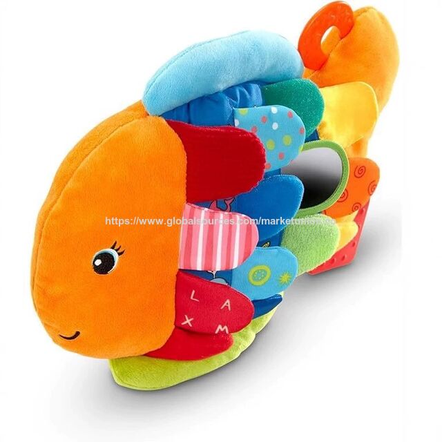 Livro Macio de Pelúcia Peixe Voador para Bebê, Brinquedo Sensorial Infantil com Múltiplas Texturas, Sons e Espelho para Bebês de 0 a 9 Meses