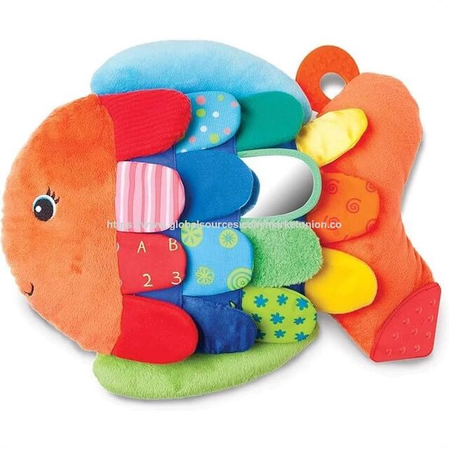 Livro Macio de Pelúcia Peixe Voador para Bebê, Brinquedo Sensorial Infantil com Múltiplas Texturas, Sons e Espelho para Bebês de 0 a 9 Meses