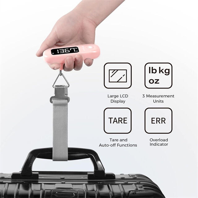 Báscula de Equipaje Digital de 110 Lbs, Báscula de Mano para Maletas de Viaje con Pantalla LCD, Batería Incluida, Color Rosa