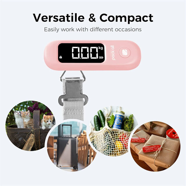 Báscula de Equipaje Digital de 110 Lbs, Báscula de Mano para Maletas de Viaje con Pantalla LCD, Batería Incluida, Color Rosa