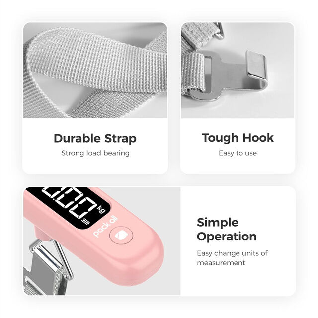 Báscula de Equipaje Digital de 110 Lbs, Báscula de Mano para Maletas de Viaje con Pantalla LCD, Batería Incluida, Color Rosa