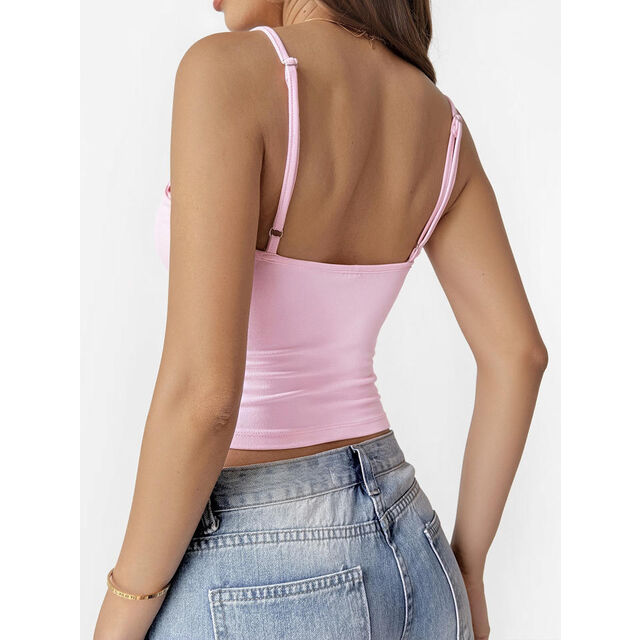 Camiseta sin mangas de encaje sexy y transpirable para mujer, de un solo color, corte bajo en V, ajustada, sin mangas, chaleco frontal informal corto
