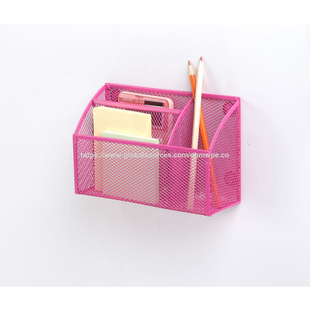 Organizador Magnético de Metal Perfurado para Lápis com 3 Compartimentos, Cesto de Armazenamento Magnético