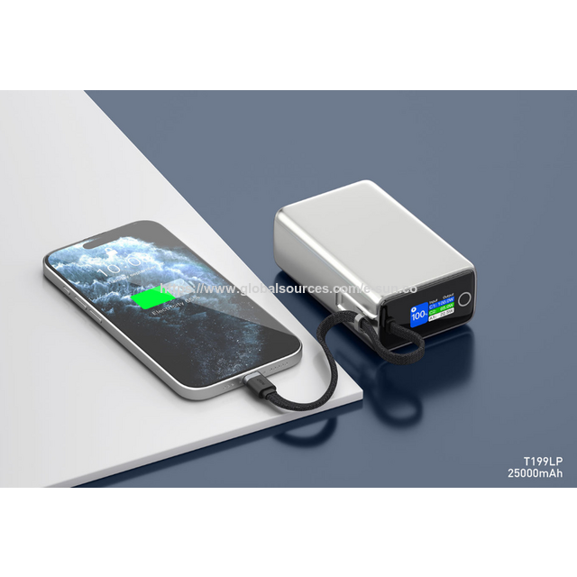 Power Bank Portátil de 25000mAh con Cable Incorporado, Carga Rápida USB-C 100W+ y USB-A 22.5W para Teléfono y Portátil