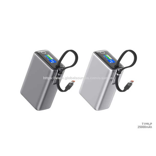 Power Bank Portátil de 25000mAh con Cable Incorporado, Carga Rápida USB-C 100W+ y USB-A 22.5W para Teléfono y Portátil