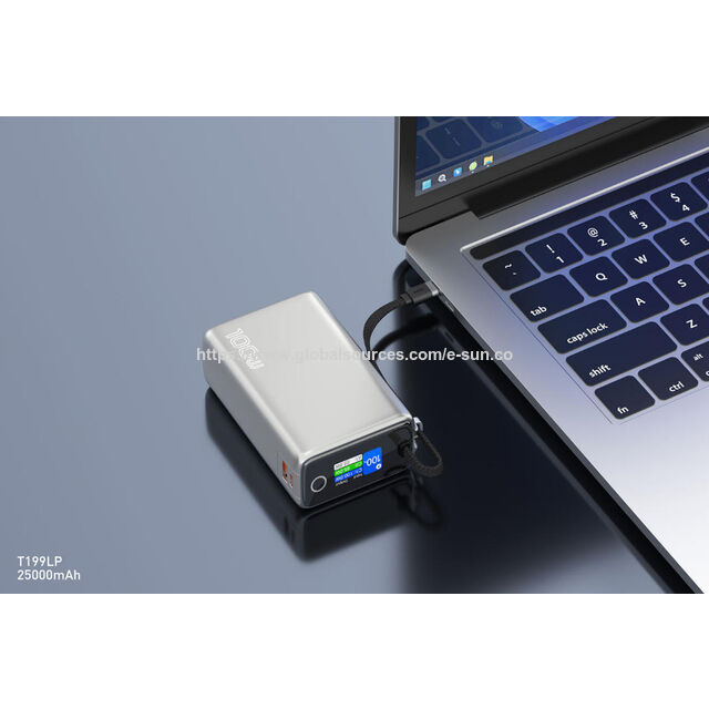 Power Bank Portátil de 25000mAh con Cable Incorporado, Carga Rápida USB-C 100W+ y USB-A 22.5W para Teléfono y Portátil