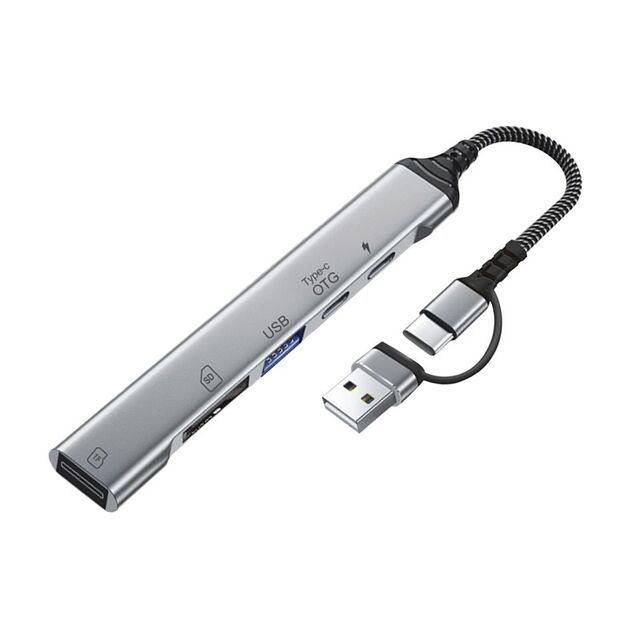 Großhandel Fabrik Typ C + USB-A 5-in-1-Erweiterungs-Hub mit Aluminiumlegierungsgehäuse und SD-Kartenleserfunktion.