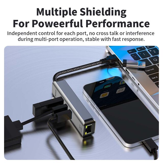 Adaptador Hub Tarjeta de Red en Ángulo Tipo-C a 5000Mbps con Puertos USB 3.2 10Gbps Convertidor Divisor Ethernet Externo para Laptops