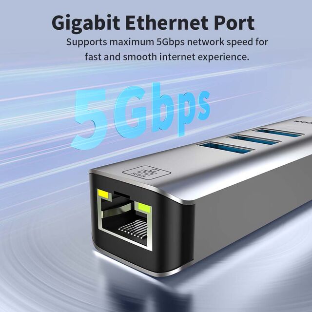 Adaptador Hub Tarjeta de Red en Ángulo Tipo-C a 5000Mbps con Puertos USB 3.2 10Gbps Convertidor Divisor Ethernet Externo para Laptops