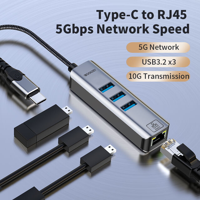 Adaptador Hub Tarjeta de Red en Ángulo Tipo-C a 5000Mbps con Puertos USB 3.2 10Gbps Convertidor Divisor Ethernet Externo para Laptops