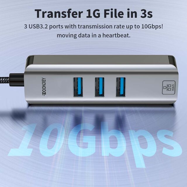 Adaptador Hub Tarjeta de Red en Ángulo Tipo-C a 5000Mbps con Puertos USB 3.2 10Gbps Convertidor Divisor Ethernet Externo para Laptops