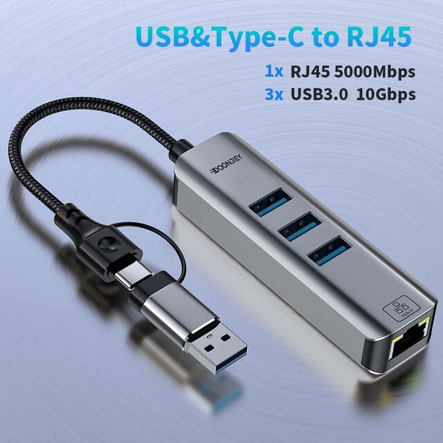 Adaptador Hub Tarjeta de Red en Ángulo Tipo-C a 5000Mbps con Puertos USB 3.2 10Gbps Convertidor Divisor Ethernet Externo para Laptops