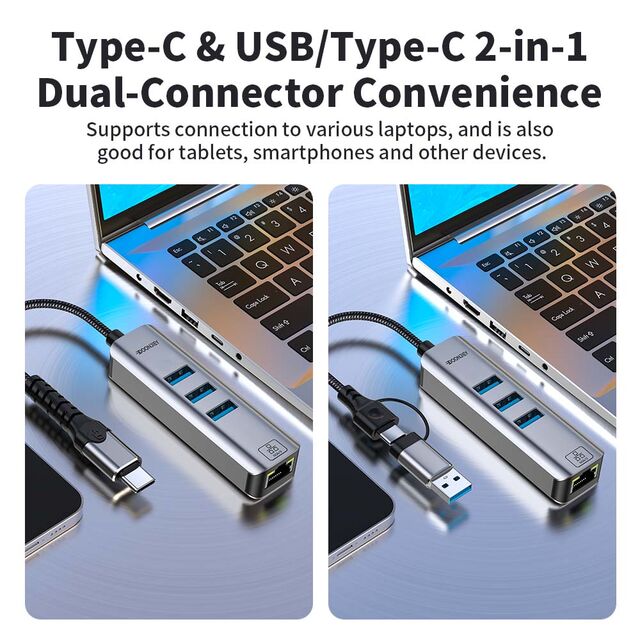 Adaptador Hub Tarjeta de Red en Ángulo Tipo-C a 5000Mbps con Puertos USB 3.2 10Gbps Convertidor Divisor Ethernet Externo para Laptops