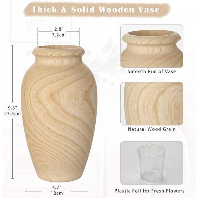 Vente en gros d'usine Grand vase à fleurs en bois de 9 pouces, vase de décoration en bois pour la maison