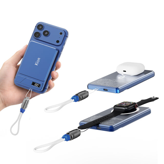 Batería de estado sólido semilíquido ultrafina de aleación de aluminio, power bank inalámbrico magnético tres en uno. Soporta OEM y ODM.